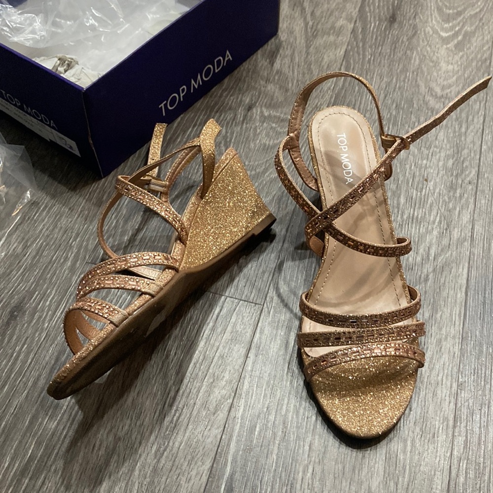 Top Moda Rose Gold Glitter Short Wedge Heels